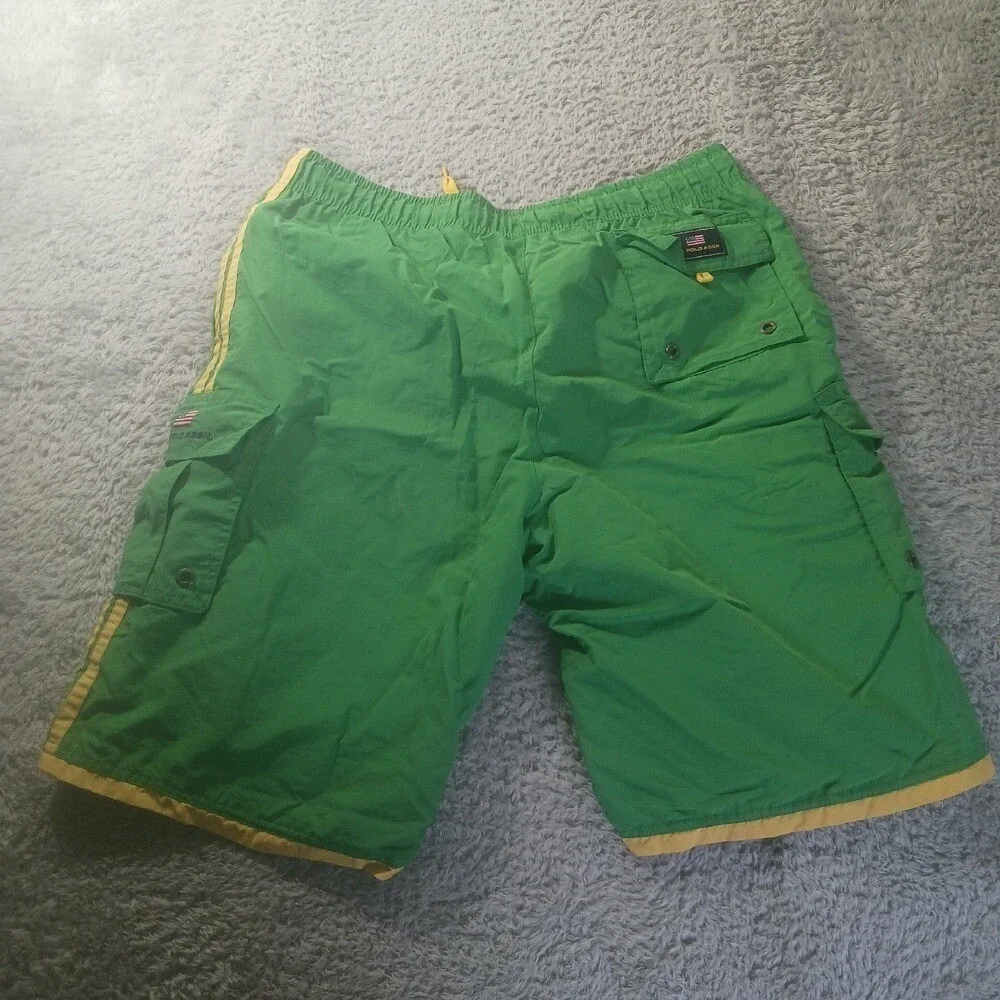 U.S. Polo Assn Green Yellow Striped Cargo Board Shorts Swim‎ Trunks Mens L